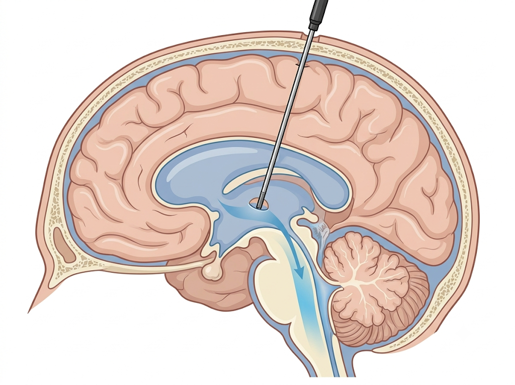 An endoscope creating an opening in the floor of the third ventricle so fluid can bypass a blockage