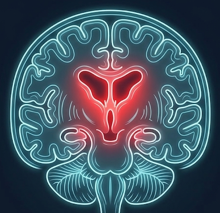 Coronal view of the brain in hydrocephalus, showing the enlarged fluid-filled ventricles highlighted at the center