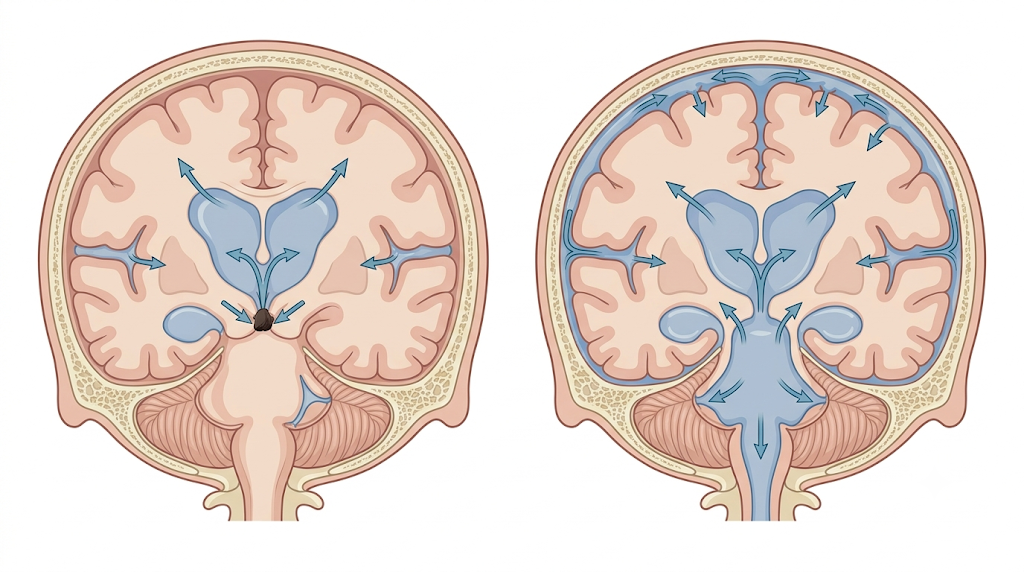 Two front-view brain cross-sections comparing obstructive hydrocephalus, with a blockage, to communicating hydrocephalus, with open pathways but poor reabsorption