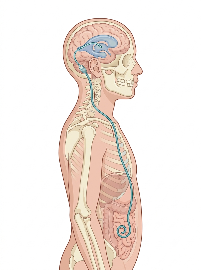 A ventriculoperitoneal shunt draining fluid from a brain ventricle through tubing under the skin to the abdomen
