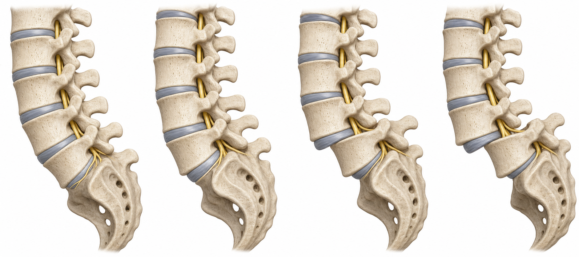 Meyerding Grades I through IV of spondylolisthesis: lateral lumbar spine illustrations showing progressive forward slip of the vertebra