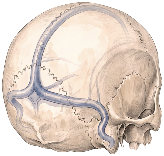 A posterior-lateral skull view with a ghosted view of the venous sinuses: the sagittal, transverse, and sigmoid sinuses.