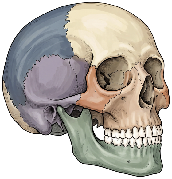 A normal human skull in lateral view, with the individual bones, frontal, parietal, temporal, zygomatic, maxilla, and mandible, shown in distinct colors.
