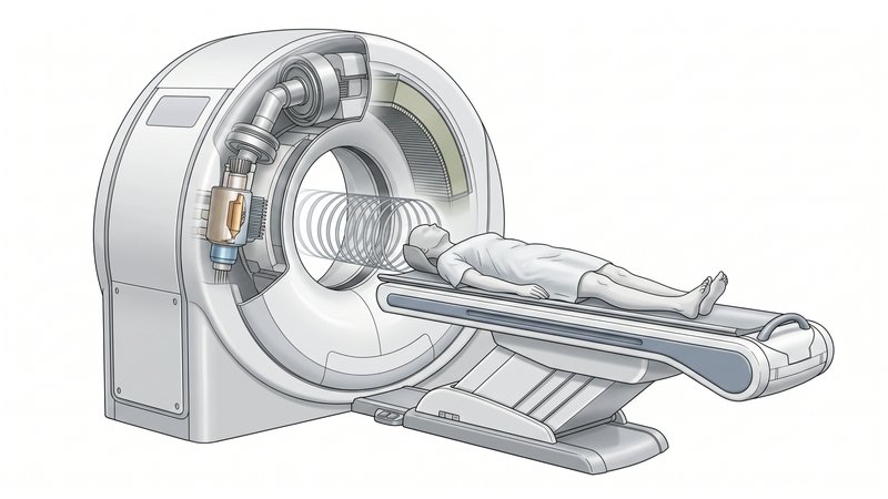 Illustration of a CT scanner with a patient positioned for a head scan