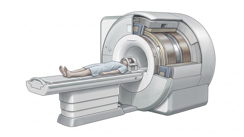 Illustration of an MRI scanner with a patient positioned for a head scan